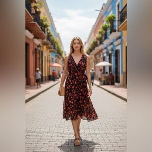 Tommy Hilfiger Sleeveless Lightweight Party Floral Wrap Dress in Black and Red 6